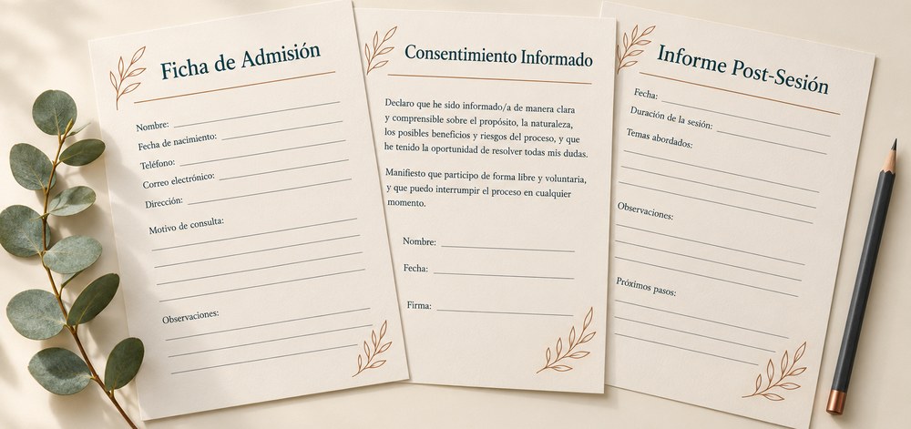 Papelería profesional de la sesión: ficha, consentimiento e informe