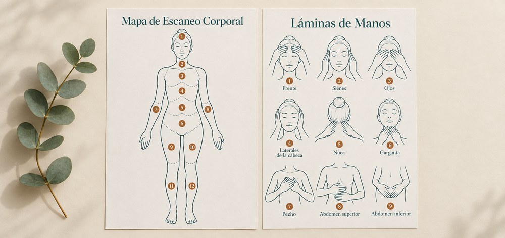 Mapa de escaneo corporal y láminas de manos