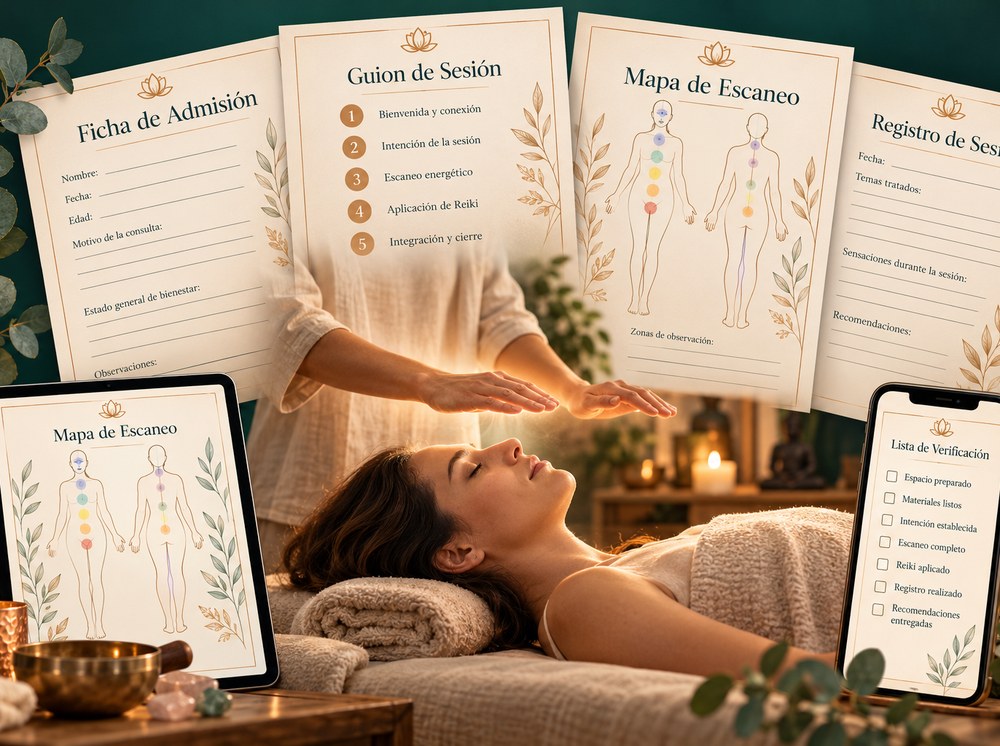 Kit Sesión Guiada Reiki: hojas, tablet y reikista dando una sesión